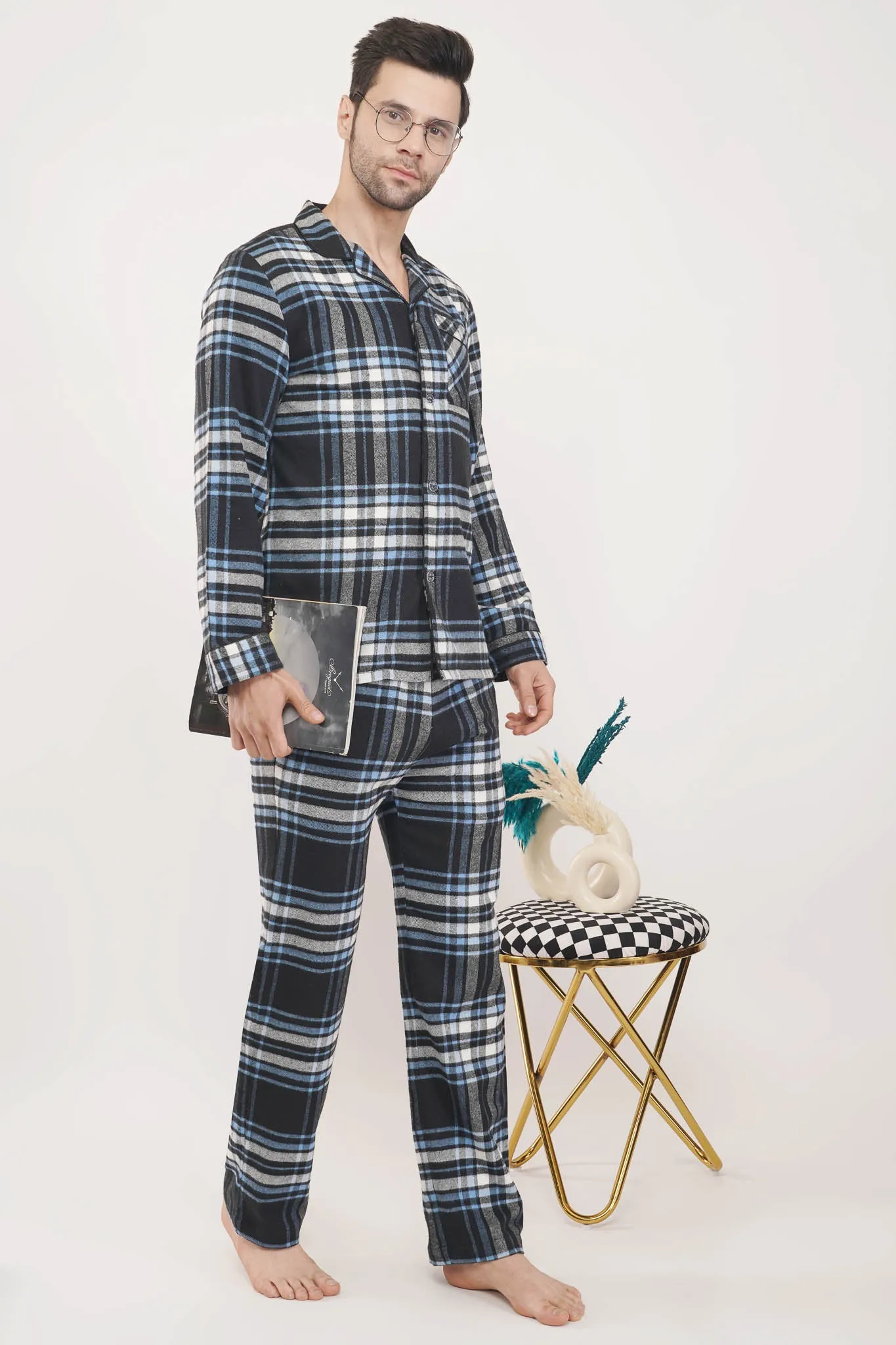 Regal Renaissance | Black & Blue Oxford Checks Loungewear Set