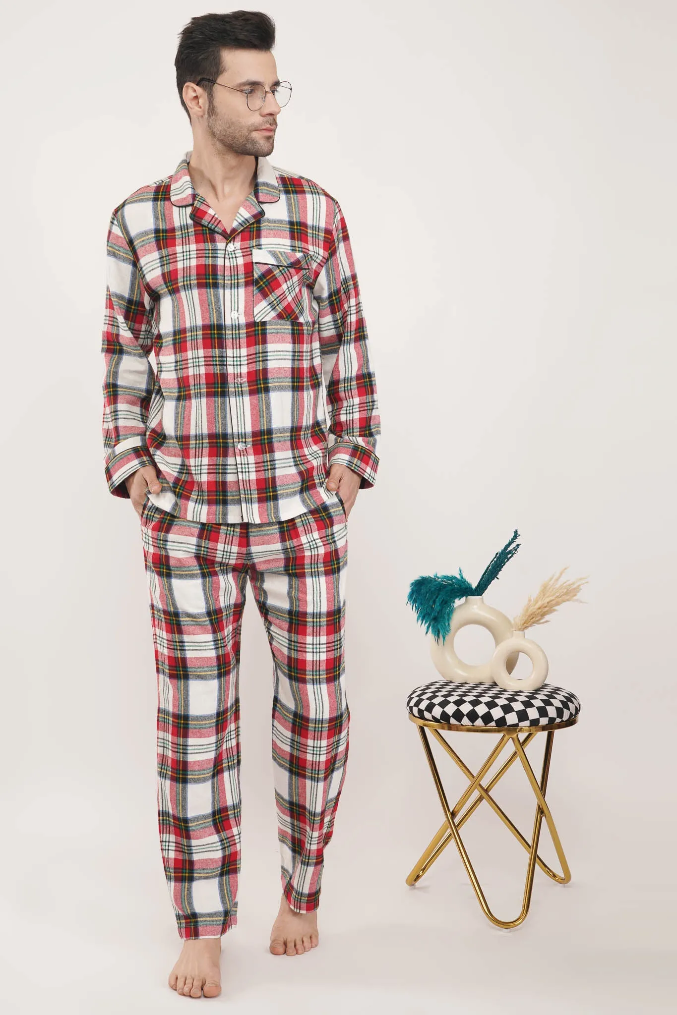 Royal Red | Red & White Oxford Checks Loungewear Set