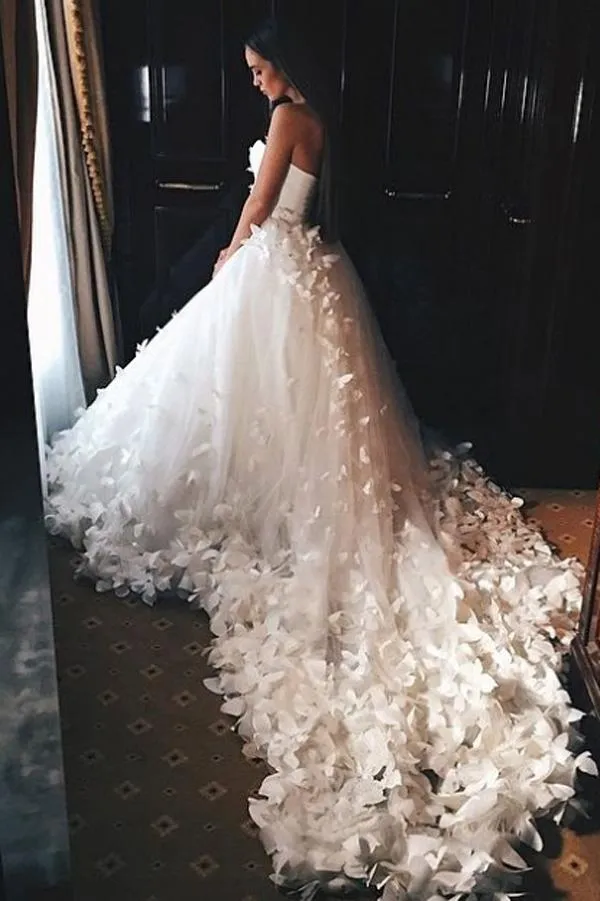 Roycebridal Elegant Off Shoulder Modest Tulle Wedding Dress Bridal Gown With Flowers, MW141