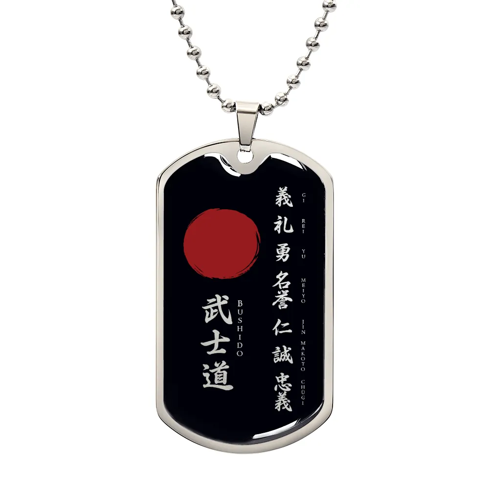 Samurai - The Seven Virtures Of Bushido - Bushido - Katana - Ronin - Black Dog Tag - Samurai Dog Tag - Military Ball Chain - Luxury Dog Tag