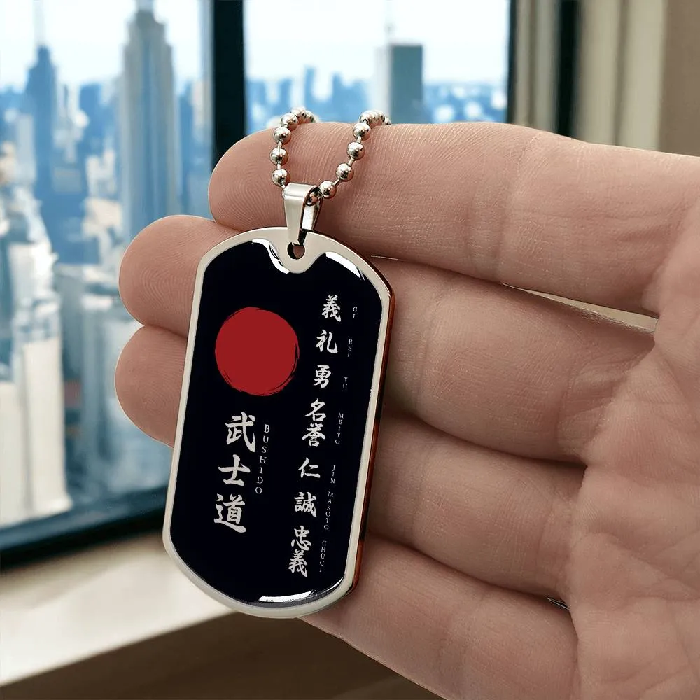 Samurai - The Seven Virtures Of Bushido - Bushido - Katana - Ronin - Black Dog Tag - Samurai Dog Tag - Military Ball Chain - Luxury Dog Tag