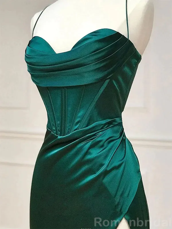 Sexy Spaghetti Straps Mermaid Side Slit Dark Green Long Evening Prom Dress Online, OL137