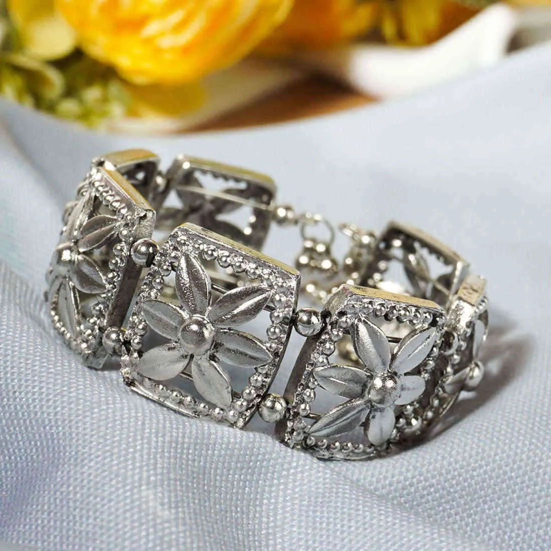 Silver Square Flower Cuff Bracelet