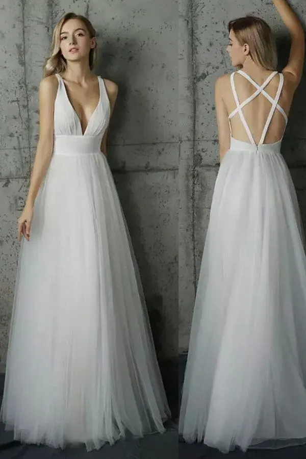 Simply V Neck White Tulle Long Prom Dress PG444