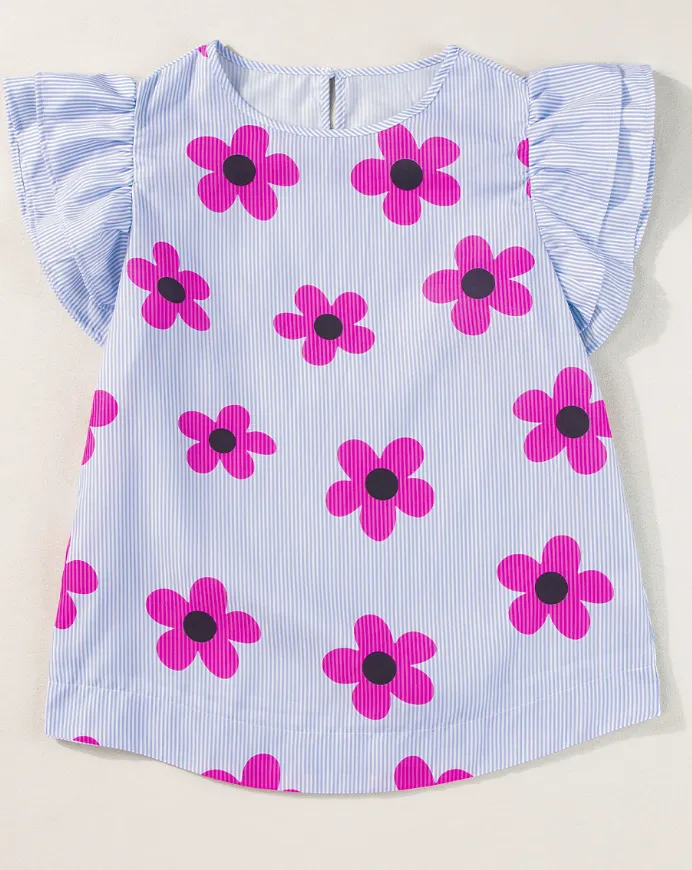 Sky Blue Pinstripe Floral Print Ruffled Flutter Sleeve Blouse