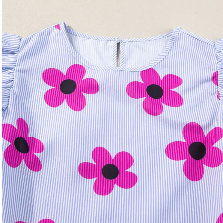 Sky Blue Pinstripe Floral Print Ruffled Flutter Sleeve Blouse