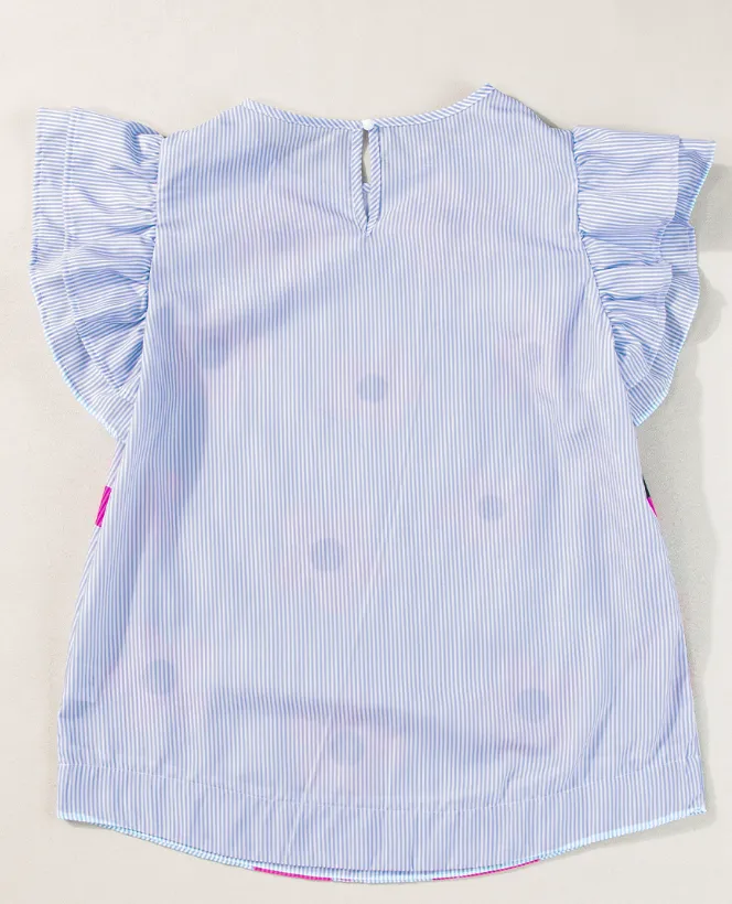 Sky Blue Pinstripe Floral Print Ruffled Flutter Sleeve Blouse