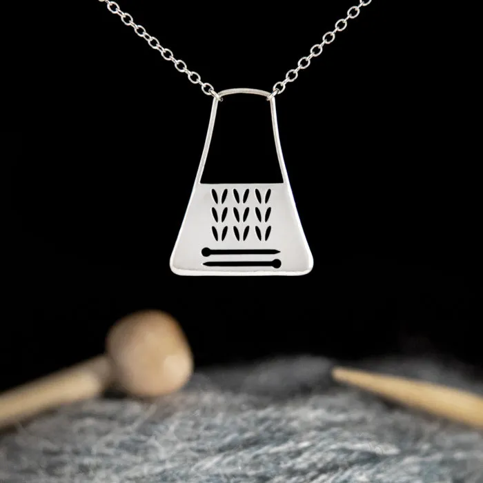 Stockinette Walking Project Bag Necklace in Sterling Silver for Yarn Lovers