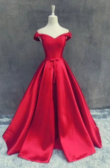 Stunning Off The Shoulder Sweep Train Red A-line Prom Dress With Bowknot TP0042