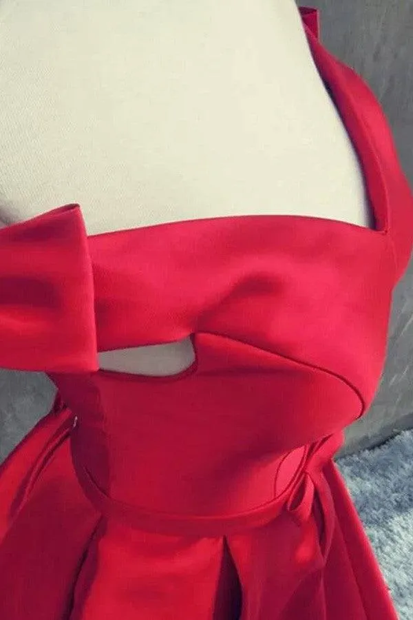 Stunning Off The Shoulder Sweep Train Red A-line Prom Dress With Bowknot TP0042