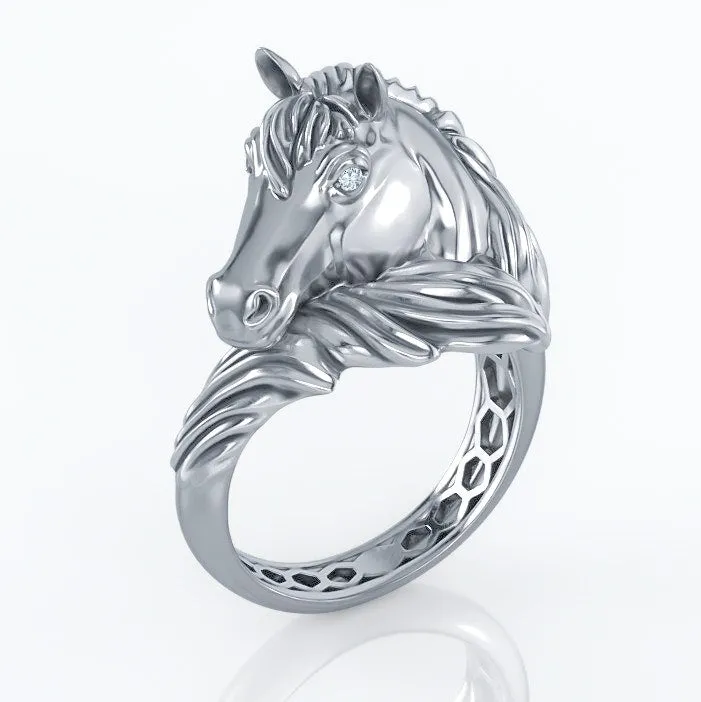 Thoroughbred Horse Diamond Statement Ring | Handcrafted Equestrian Jewelry in Sterling Silver, Gold, or Platinum