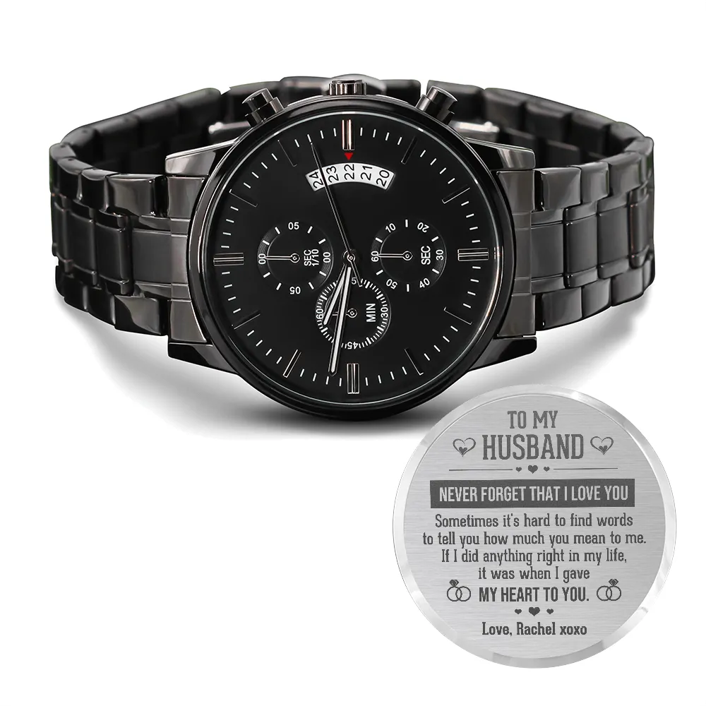 To My Husband Engraved Mens Watch - Never Forget That I Love You, Christmas Gift for Husband, Anniversary Gift, Husband Birthday