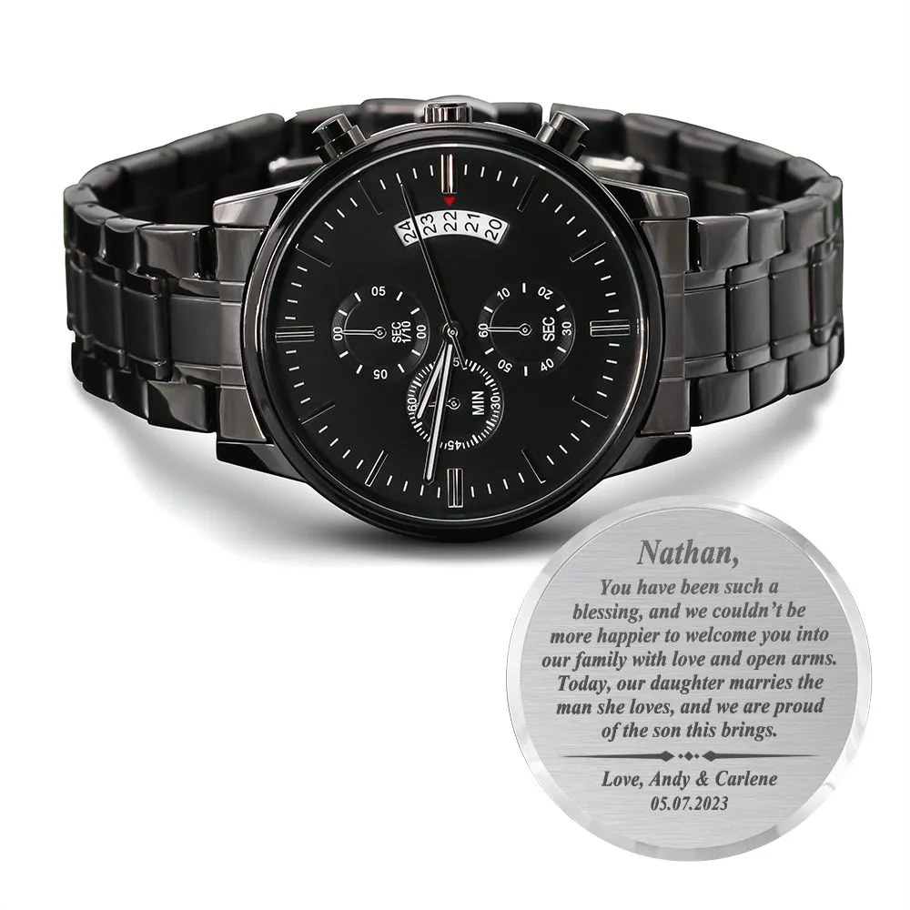 To Our Son-In-Law Gift on Wedding Day, Future Son In Law Rehearsal Dinner Gift for Groom From Mother and Father In Law, Engraved Watch Gift