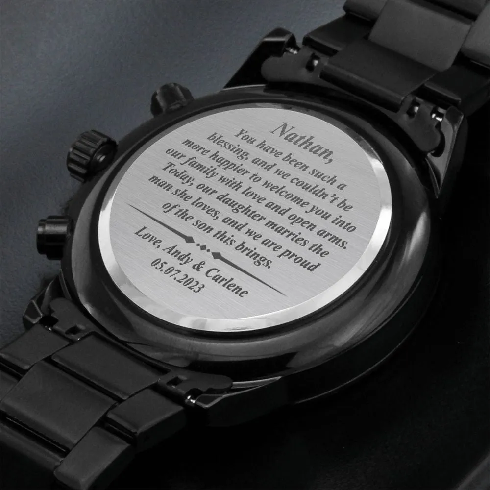 To Our Son-In-Law Gift on Wedding Day, Future Son In Law Rehearsal Dinner Gift for Groom From Mother and Father In Law, Engraved Watch Gift