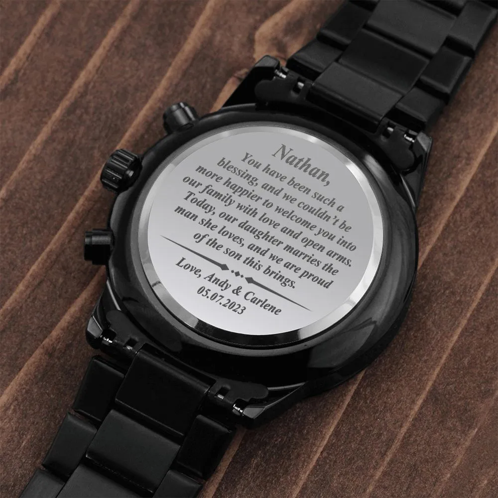 To Our Son-In-Law Gift on Wedding Day, Future Son In Law Rehearsal Dinner Gift for Groom From Mother and Father In Law, Engraved Watch Gift