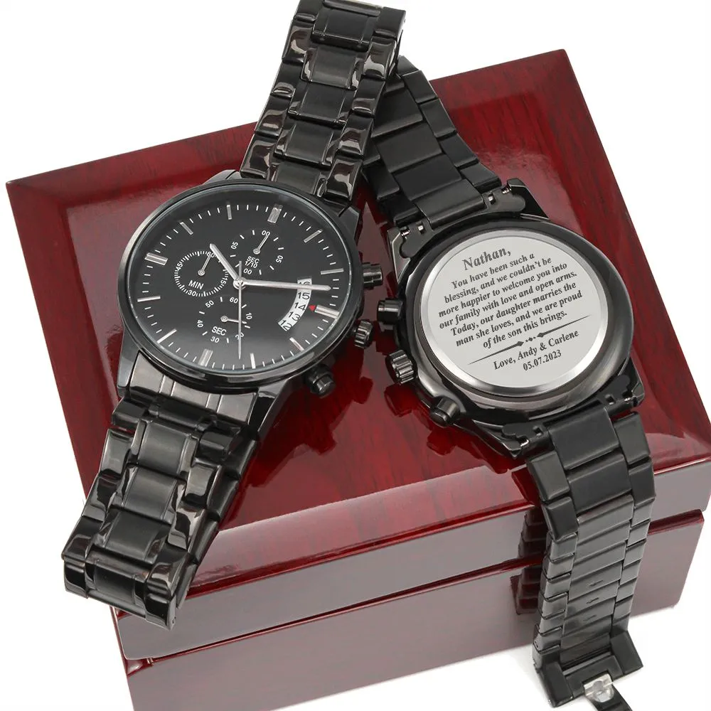To Our Son-In-Law Gift on Wedding Day, Future Son In Law Rehearsal Dinner Gift for Groom From Mother and Father In Law, Engraved Watch Gift