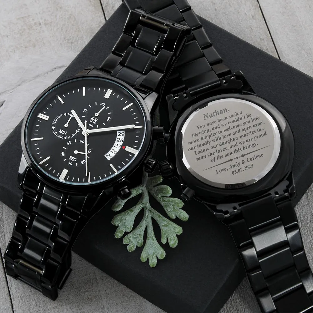 To Our Son-In-Law Gift on Wedding Day, Future Son In Law Rehearsal Dinner Gift for Groom From Mother and Father In Law, Engraved Watch Gift