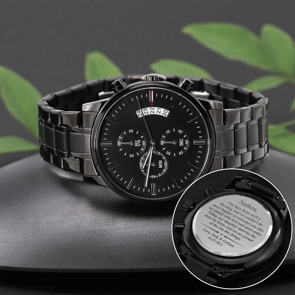 To Our Son-In-Law Gift on Wedding Day, Future Son In Law Rehearsal Dinner Gift for Groom From Mother and Father In Law, Engraved Watch Gift