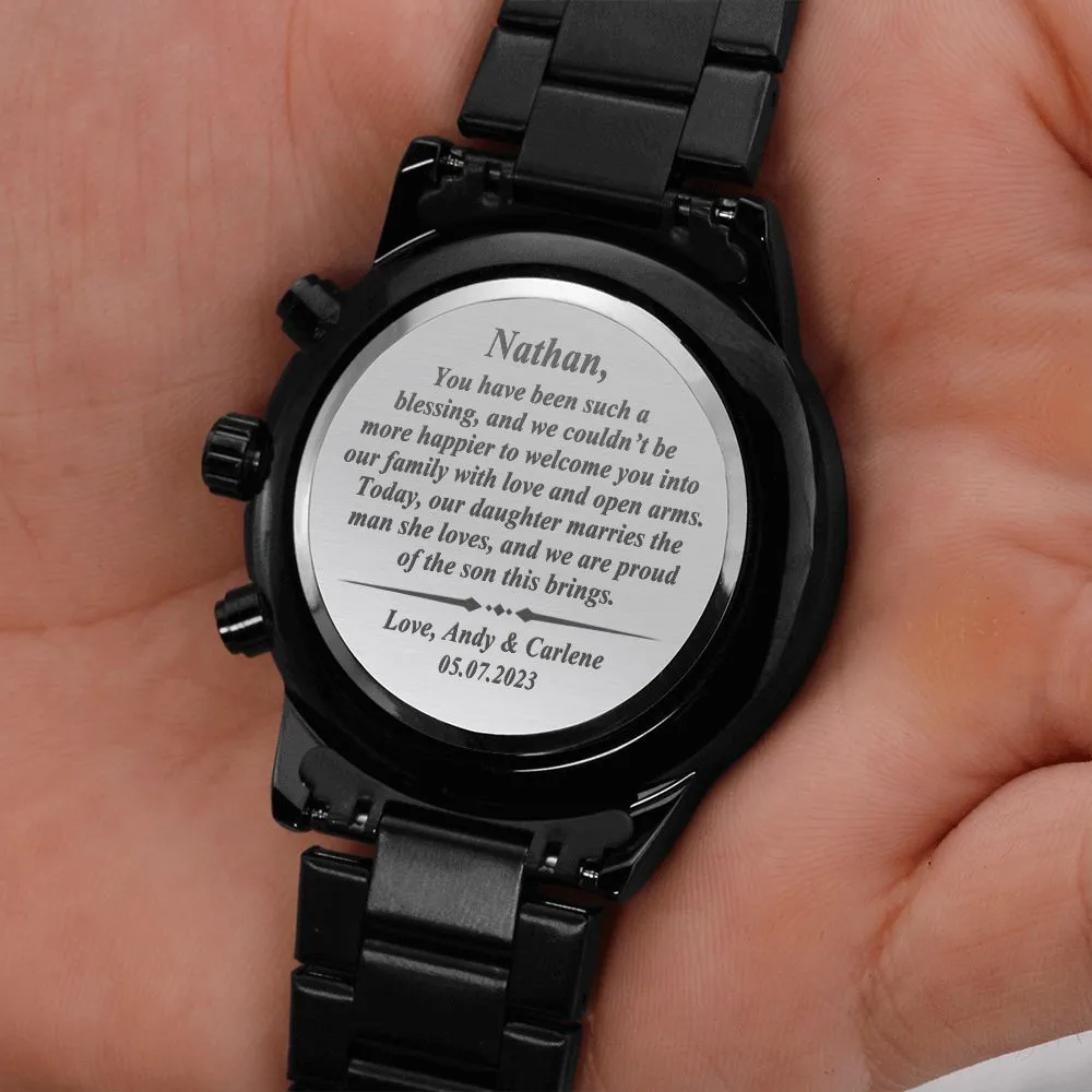 To Our Son-In-Law Gift on Wedding Day, Future Son In Law Rehearsal Dinner Gift for Groom From Mother and Father In Law, Engraved Watch Gift