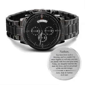 To Our Son-In-Law Gift on Wedding Day, Future Son In Law Rehearsal Dinner Gift for Groom From Mother and Father In Law, Engraved Watch Gift