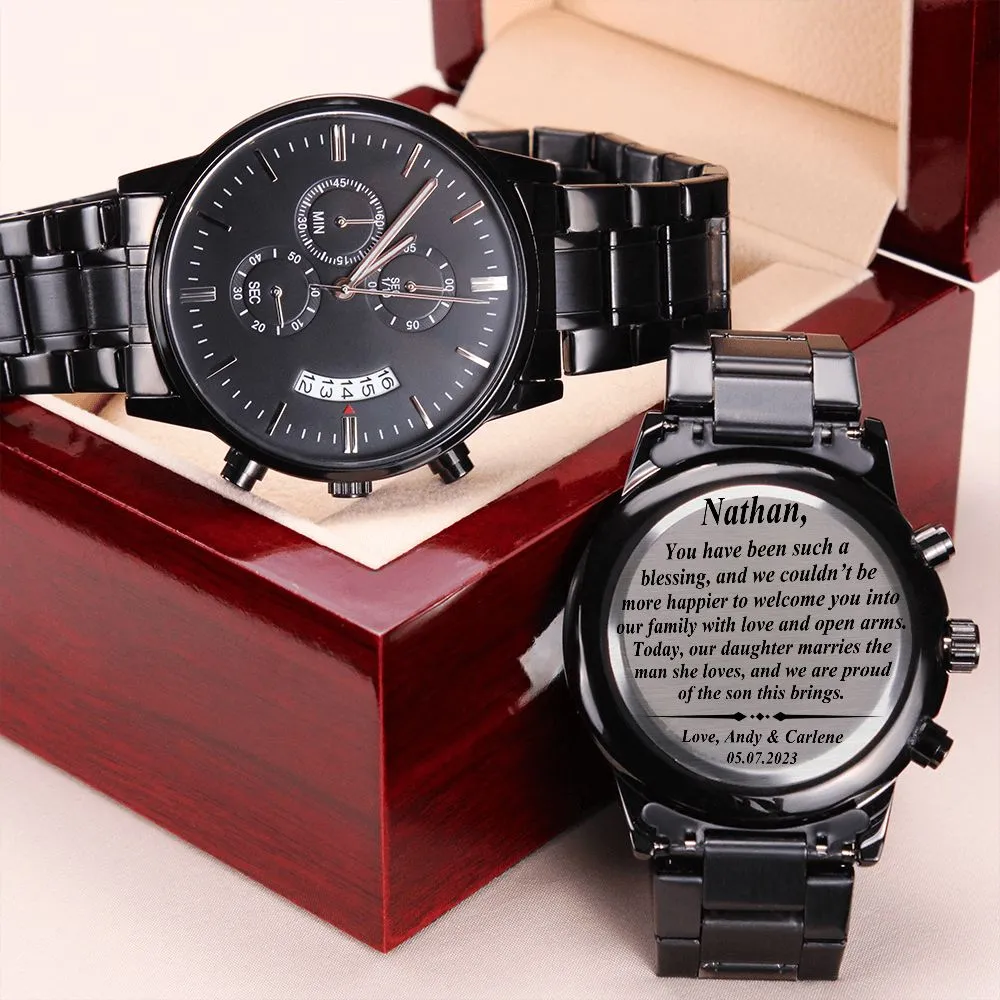 To Our Son-In-Law Gift on Wedding Day, Future Son In Law Rehearsal Dinner Gift for Groom From Mother and Father In Law, Engraved Watch Gift