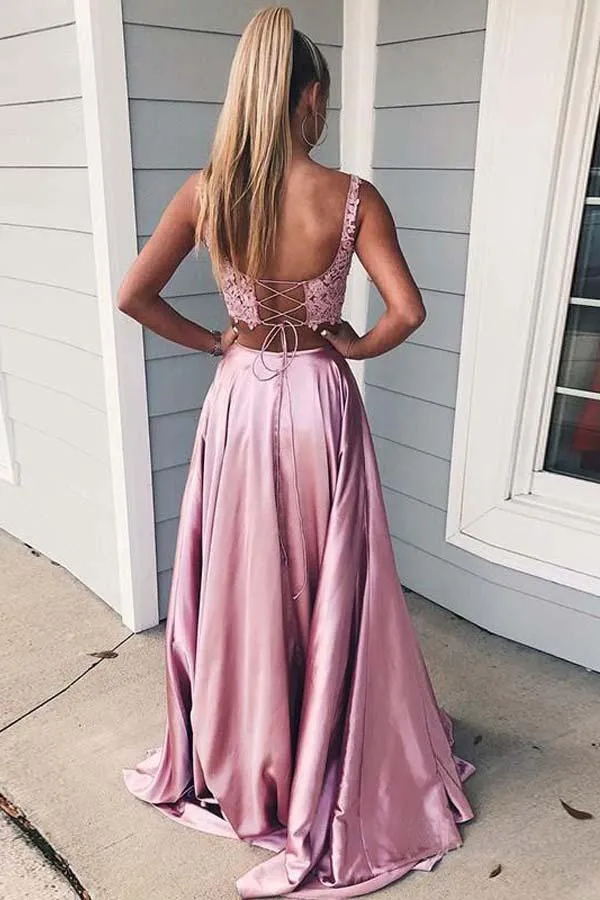 Two Piece A-Line Lace Prom Dresses Candy Pink Split Formal Dress TP1170