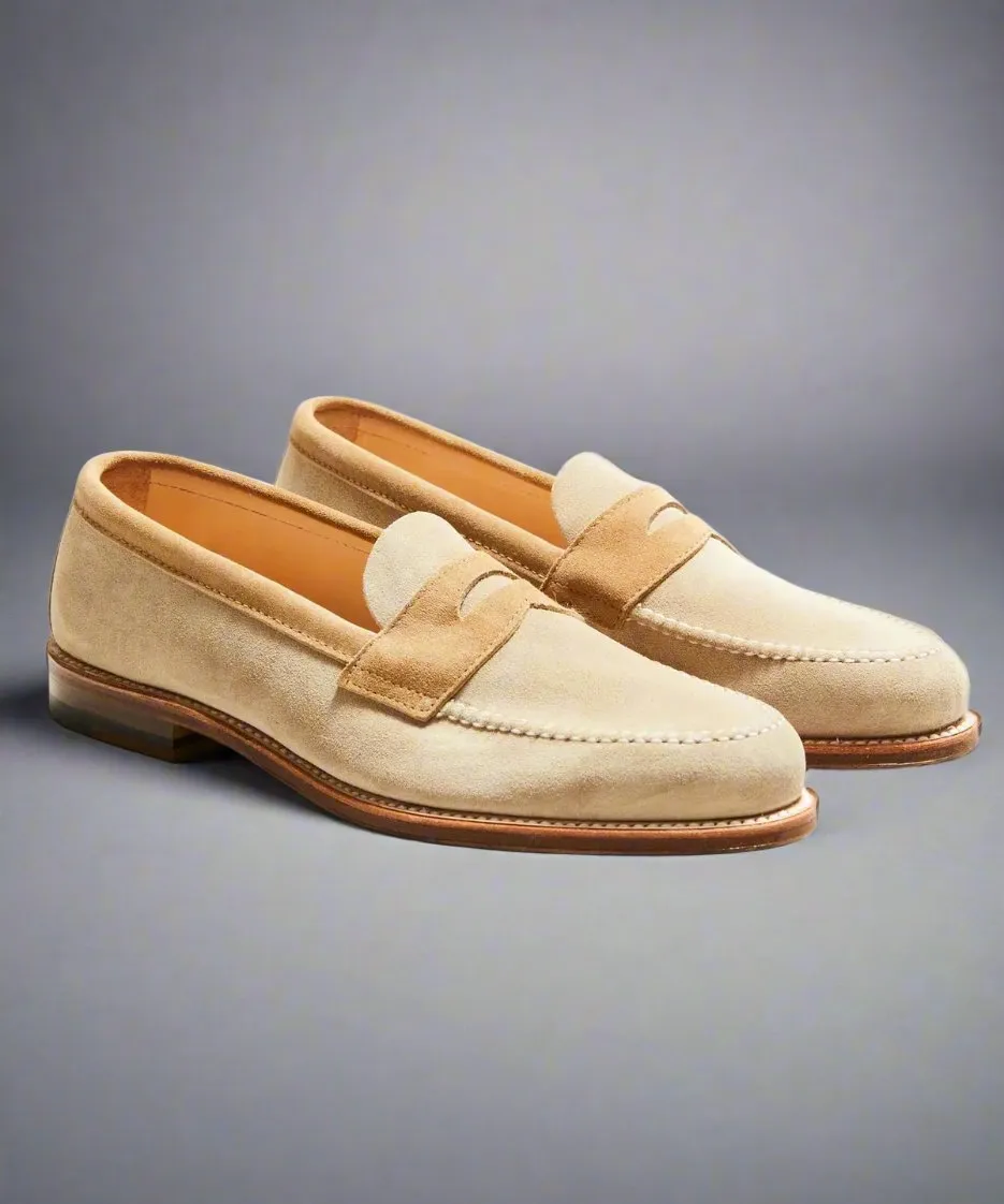 Two-Tone Penny Loafer Beige And Brown Italian Suede - Loafers