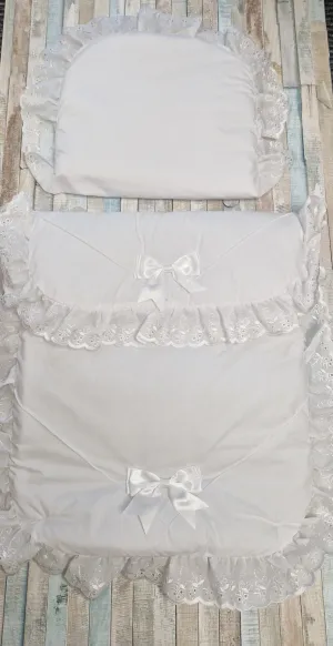 Unisex Baby White Broderie Anglaise Lace 2 Satin Bow Pram Set