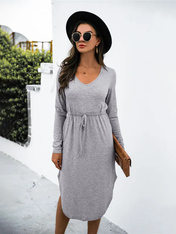 V-Neck Midi Dress with Waist Tie and Side Slit