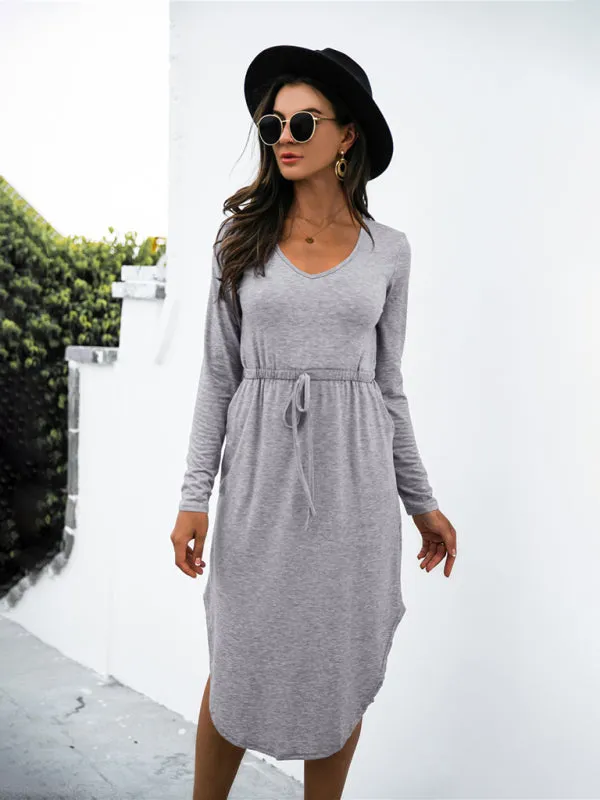V-Neck Midi Dress with Waist Tie and Side Slit