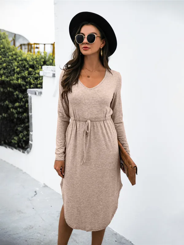 V-Neck Midi Dress with Waist Tie and Side Slit