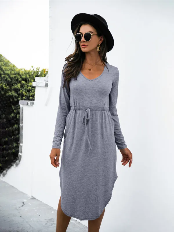 V-Neck Midi Dress with Waist Tie and Side Slit