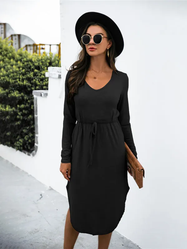 V-Neck Midi Dress with Waist Tie and Side Slit