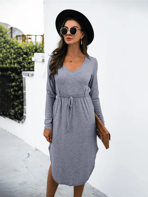V-Neck Midi Dress with Waist Tie and Side Slit