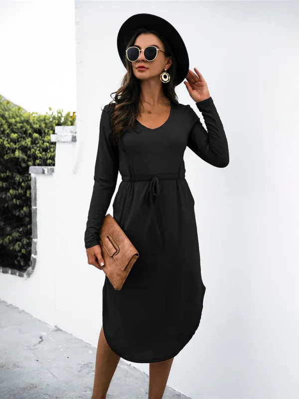V-Neck Midi Dress with Waist Tie and Side Slit