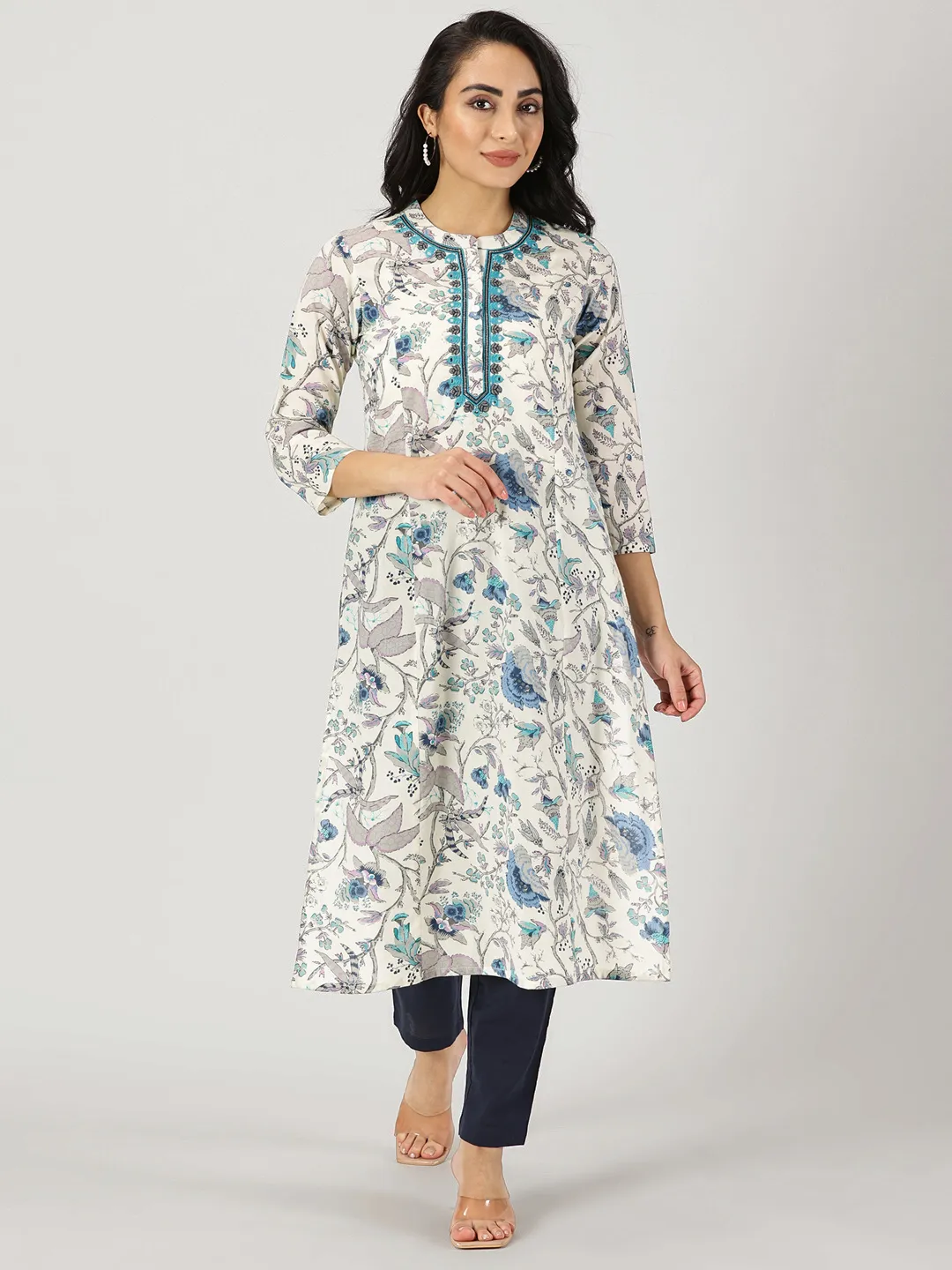 White-Blue Ethnic Floral Print Kurta with Neck Embroidery