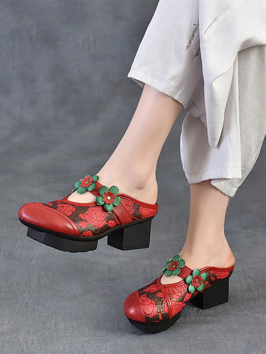 Women Fashion Flower Leather Platform Slippers