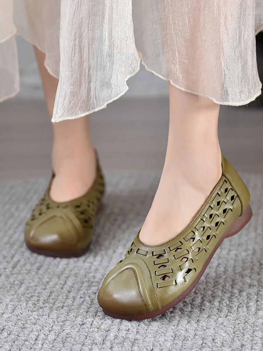 Women Summer Genuine Leather Hollow Out Low Heel Shoes