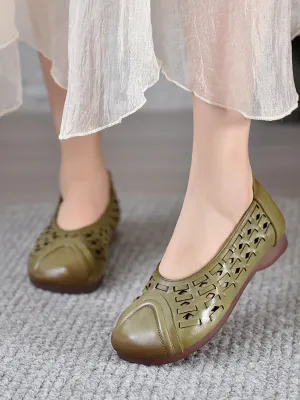 Women Summer Genuine Leather Hollow Out Low Heel Shoes