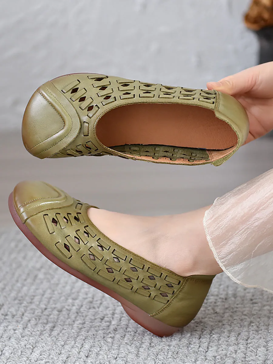 Women Summer Genuine Leather Hollow Out Low Heel Shoes
