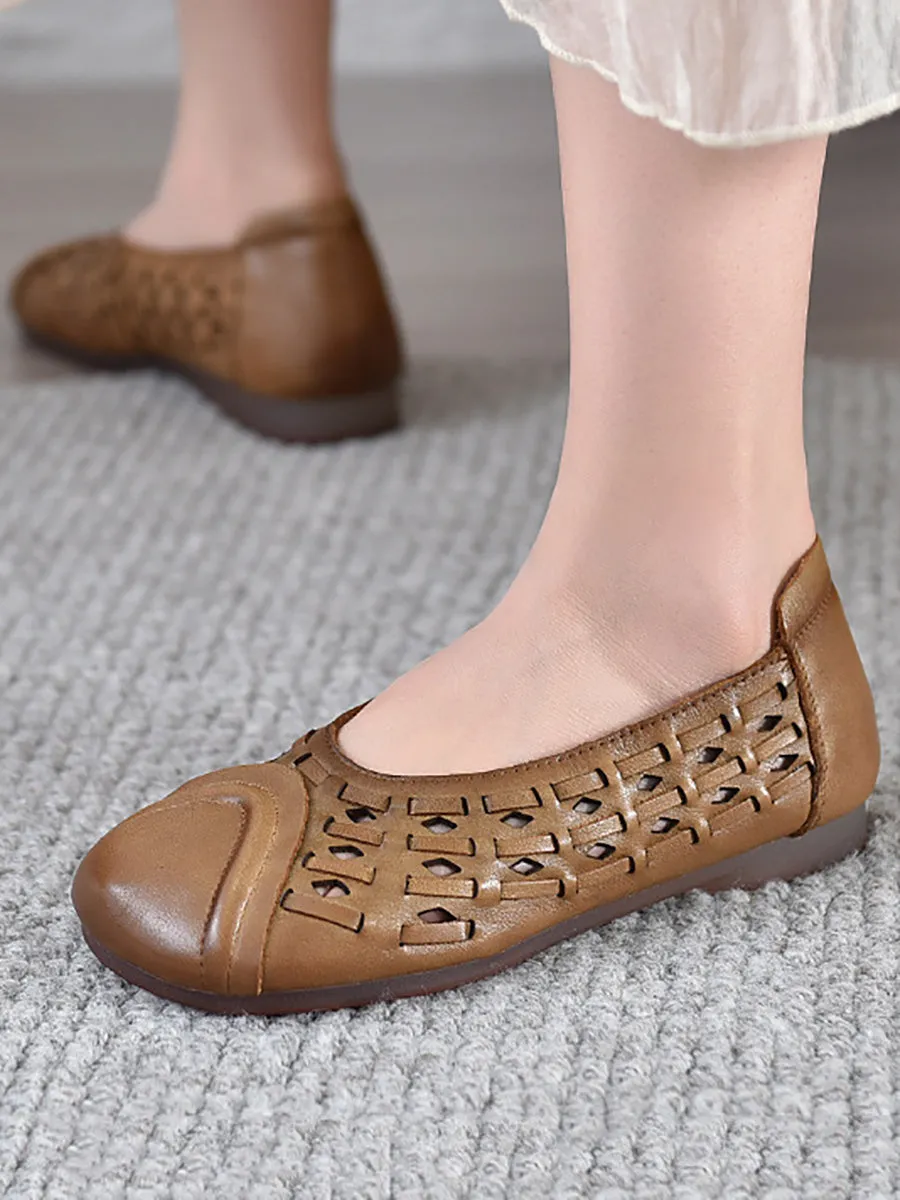 Women Summer Genuine Leather Hollow Out Low Heel Shoes
