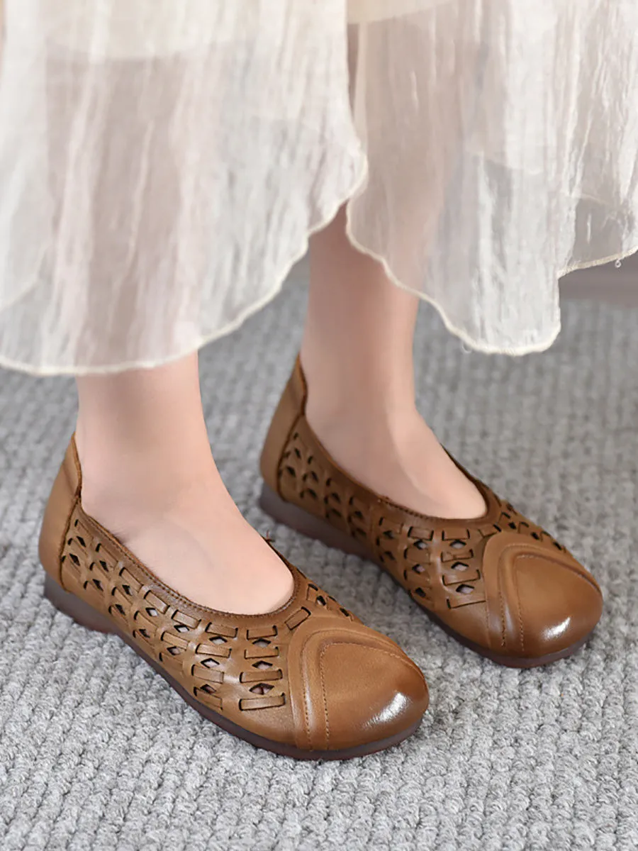 Women Summer Genuine Leather Hollow Out Low Heel Shoes