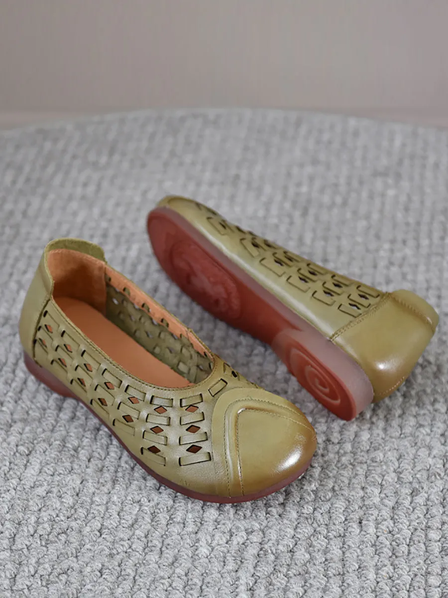 Women Summer Genuine Leather Hollow Out Low Heel Shoes