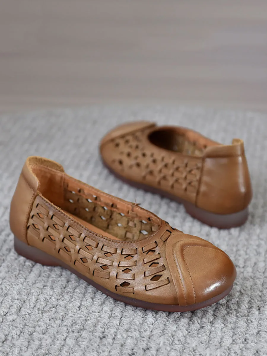 Women Summer Genuine Leather Hollow Out Low Heel Shoes