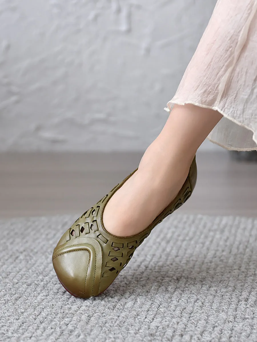 Women Summer Genuine Leather Hollow Out Low Heel Shoes