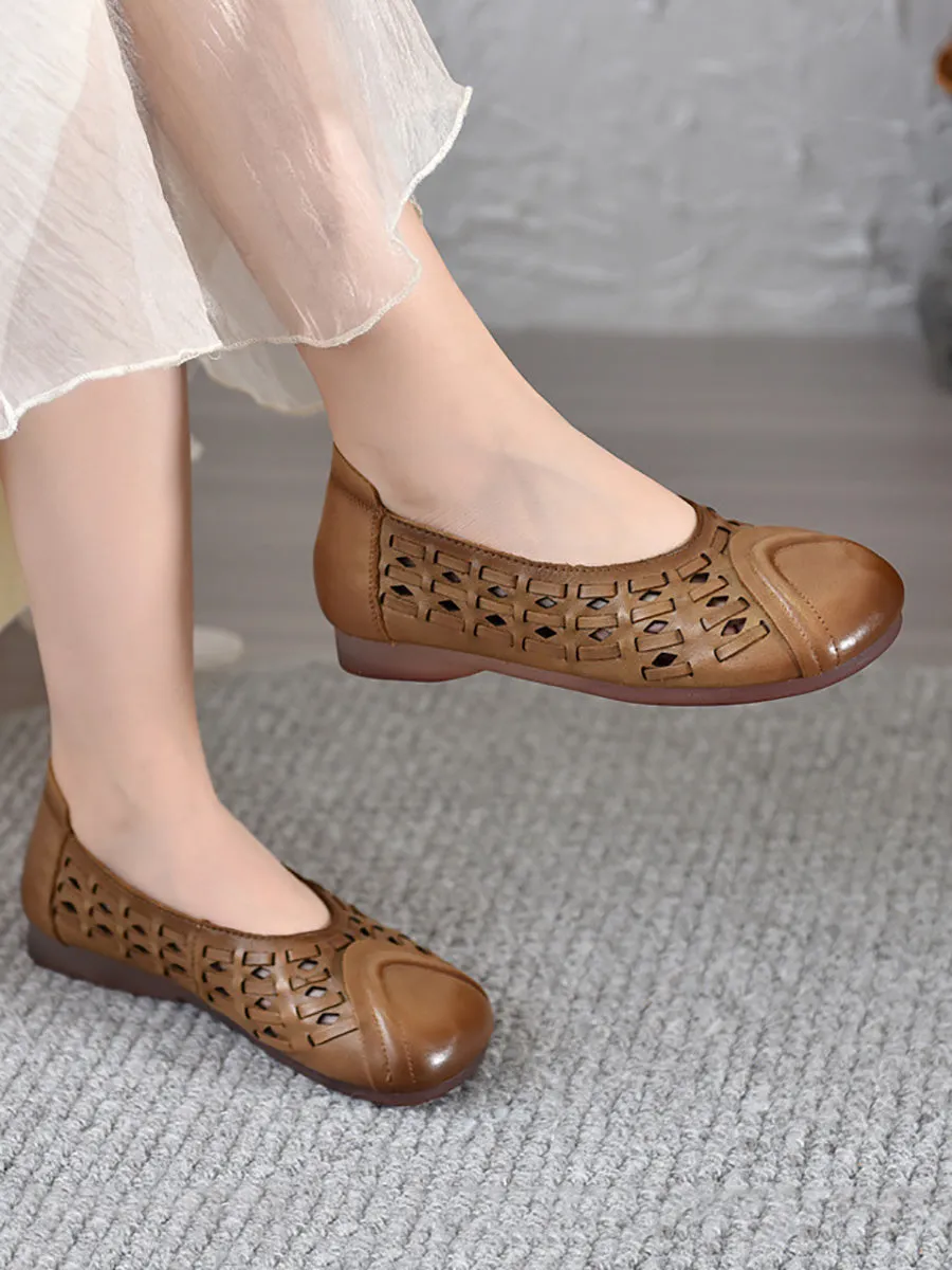 Women Summer Genuine Leather Hollow Out Low Heel Shoes