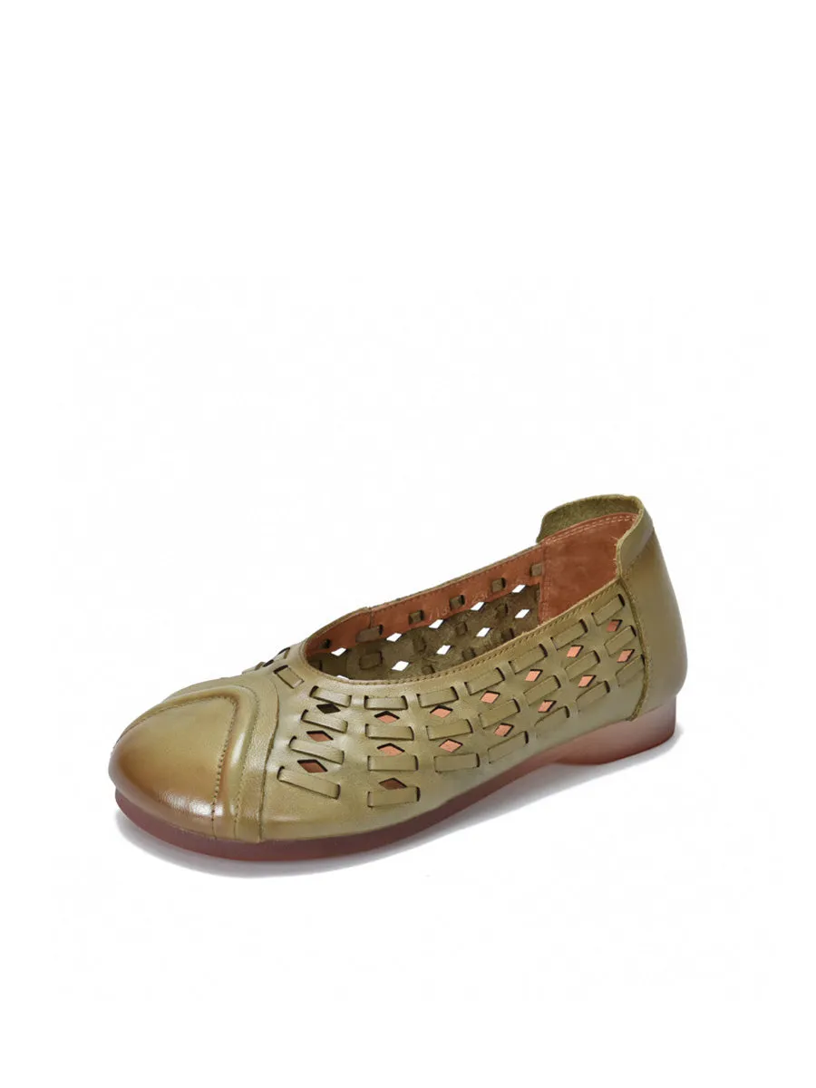 Women Summer Genuine Leather Hollow Out Low Heel Shoes