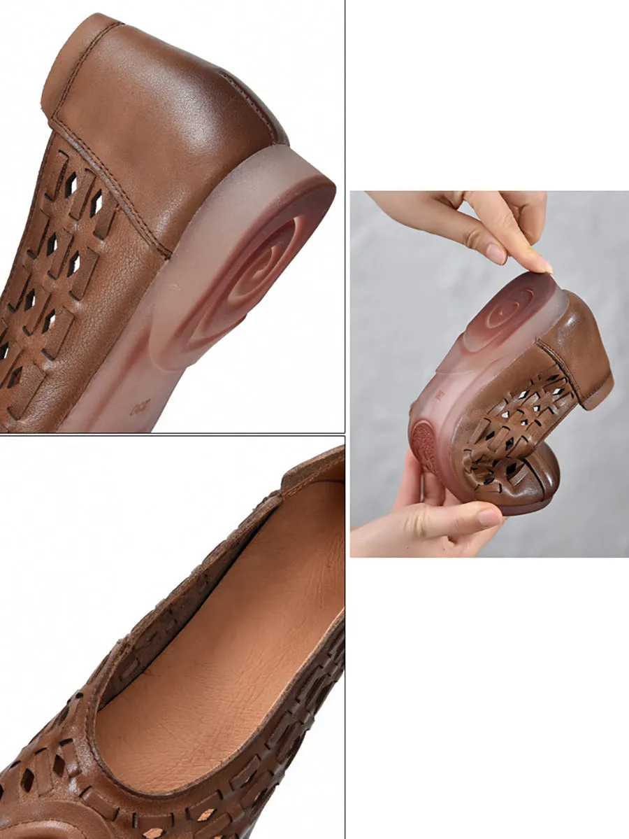 Women Summer Genuine Leather Hollow Out Low Heel Shoes