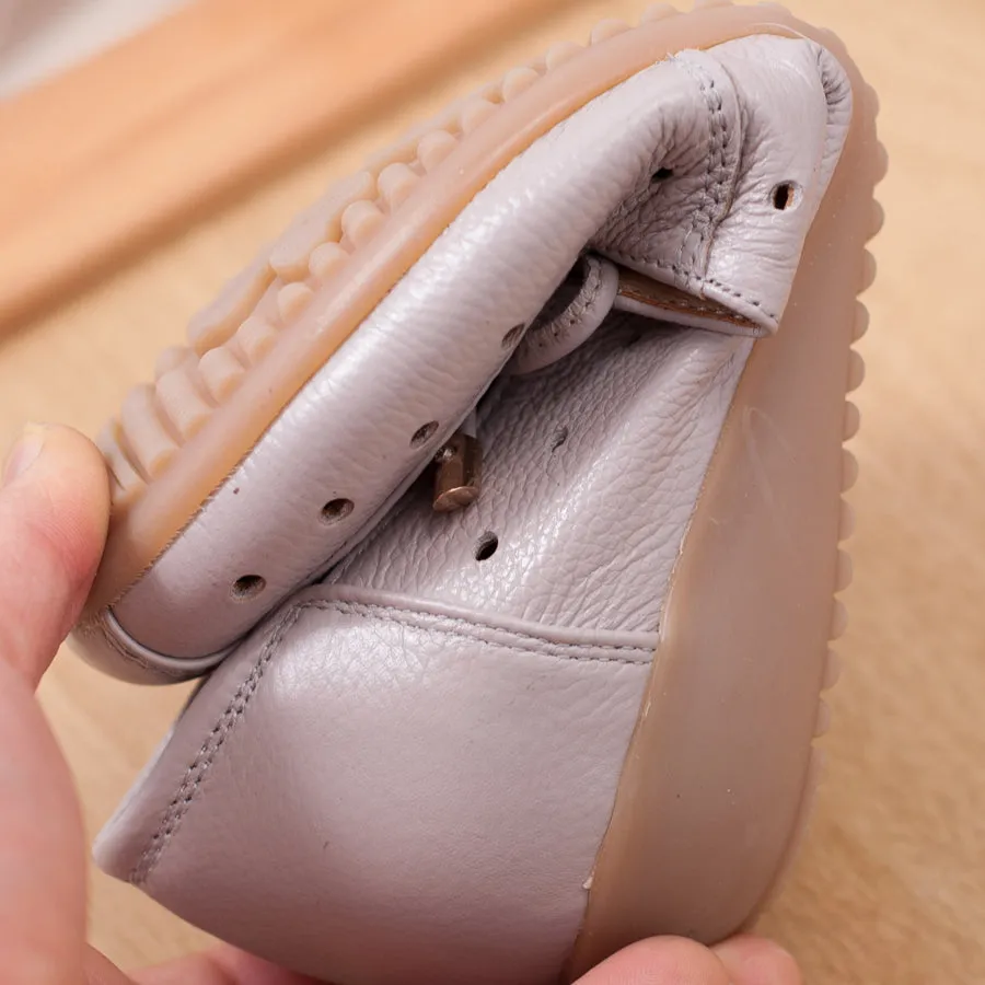 Women Summer Leather Slip-On Flats Shoe with Hollow and Bow