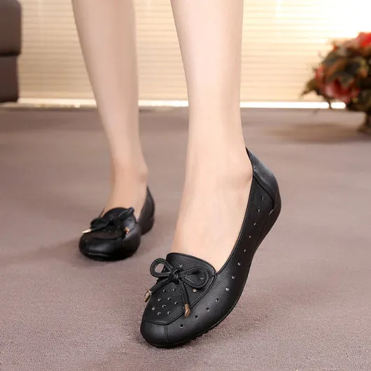 Women Summer Leather Slip-On Flats Shoe with Hollow and Bow